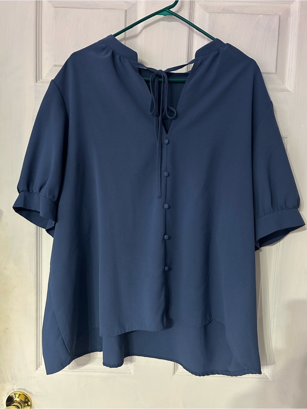 SHEIN Navy Button-Front Tie-Back Short Sleeve Blouse